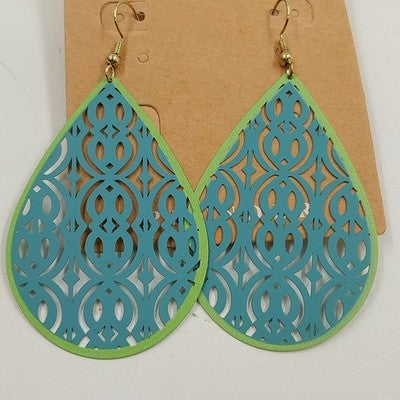 Plunder Turrquoise Green Teardrop Shaped Filagree Hook Drop/Dangle Earrings 3"