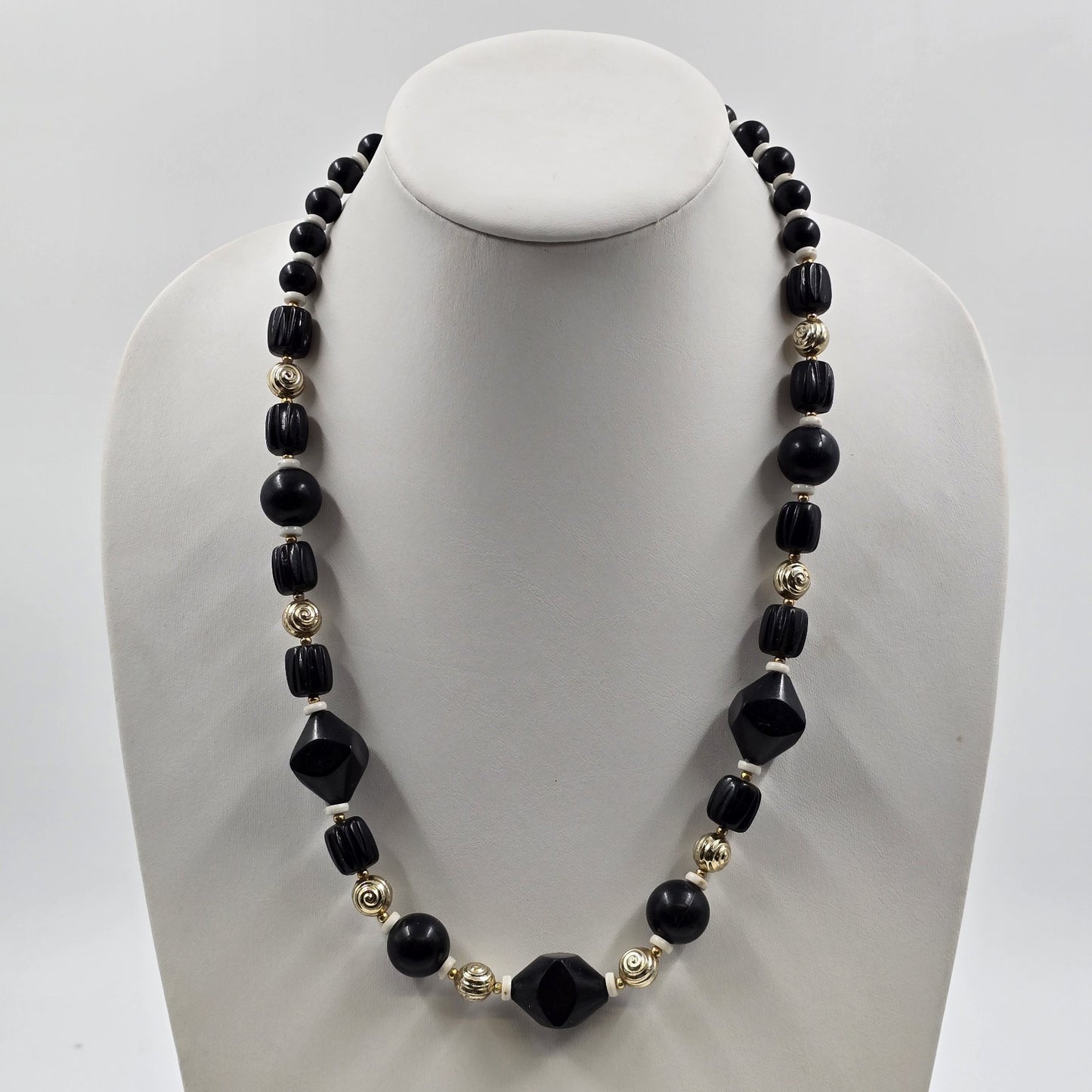 White & Gold Tone Beads with Black Faceted Diamond Faux Pearl Stone 12" Necklace