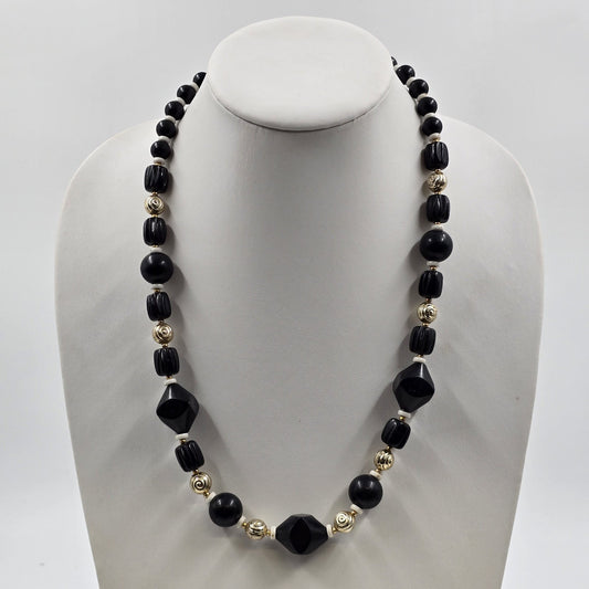 White & Gold Tone Beads with Black Faceted Diamond Faux Pearl Stone 12" Necklace