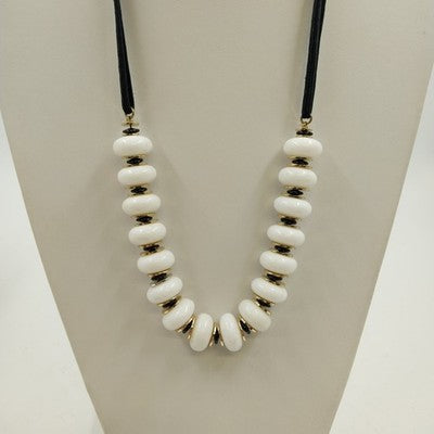 White Glass Beads w Gold Tone & Black Disks in Black Cording Long Necklace 15"
