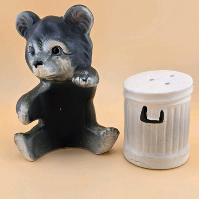 Bear Trash Can Salt Pepper Shakers Plastic Stopper Japan Chalk Ware Ceramic 4.5"