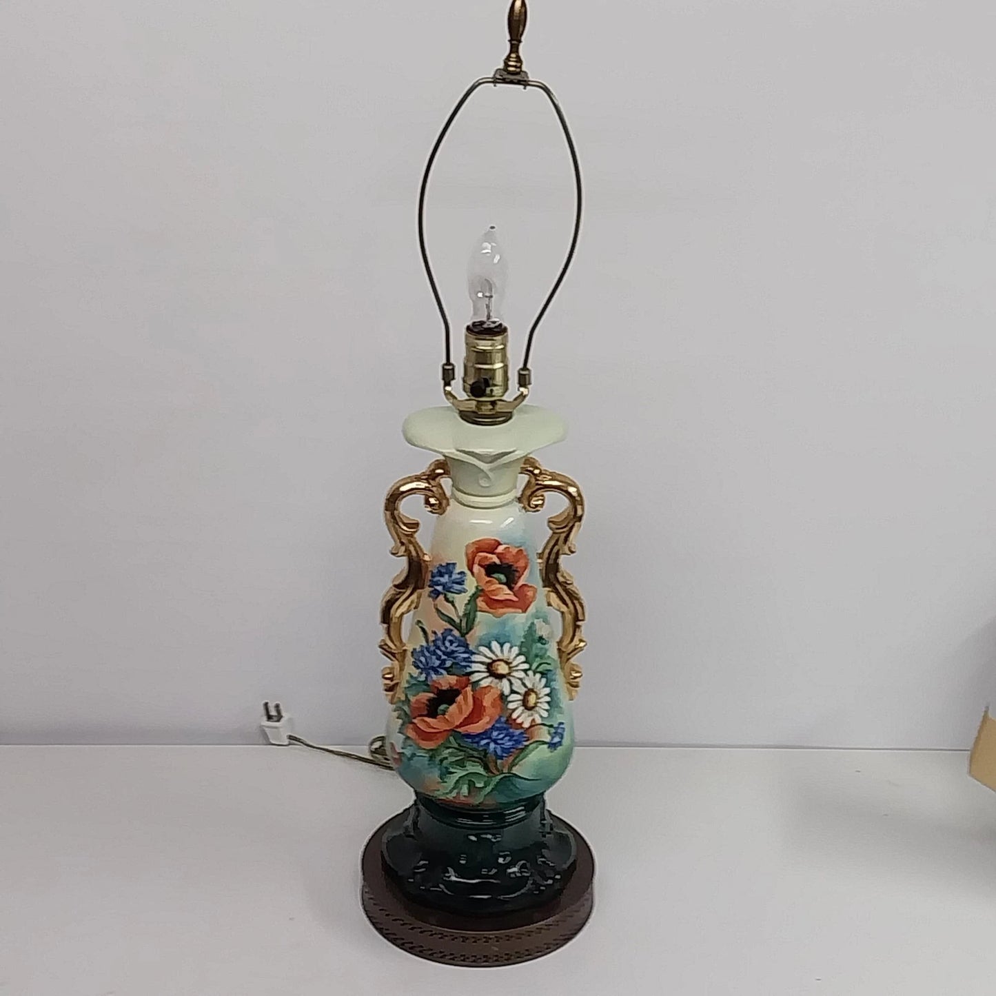 Hand Painted Urn Table Lamp Floral Pansy Gold Trim 30 Inch Vintage
