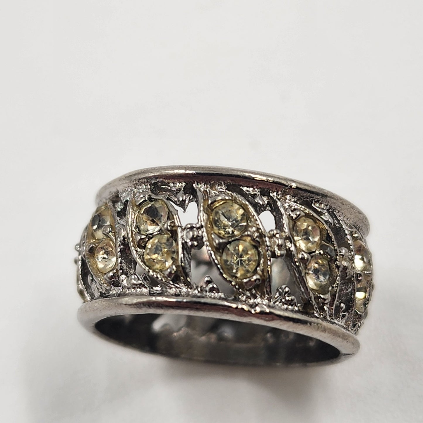 Silver Tone Eternity Ring with Clear Crystal Yellow Rhinestone Size 7 Vintage