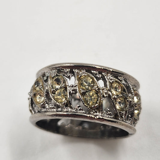 Silver Tone Eternity Ring with Clear Crystal Yellow Rhinestone Size 7 Vintage