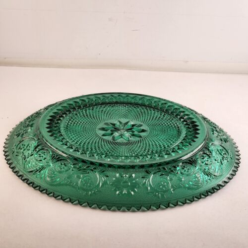 Indiana Glass Spruce Sandwich Tiara Green Platter Ribbed Trim Impressed Design