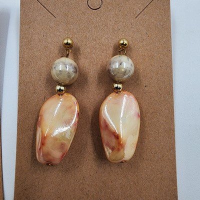 Set 2 Pierced Earrings Yellow Discs w Rhinestones & Marbled Bead Gold Tone Drop