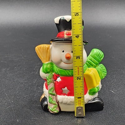 Lenox Snowman Candle Holder Black Hat Green Scarf Holding Broom 5"x3"