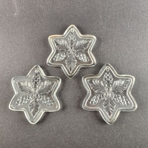 3 Vintage Fostoria Glass Lead Crystal Clear True Holly Christmas Ornaments 3½"