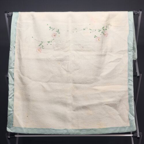 Baby Blanket Appliqued Embroidered Lamb & Flowers Blue Satin Edging 38" x 28"