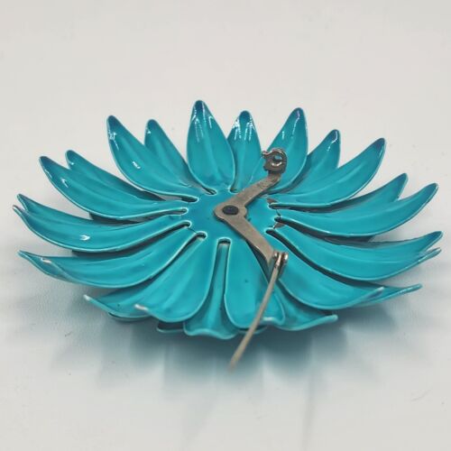 Blue Enamel Flower Brooch Vintage Metal Round Pin 3" Diameter