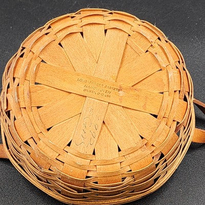 Longaberger Handwoven Button Basket w Leather Handles 6.5" Classic Stain 1997