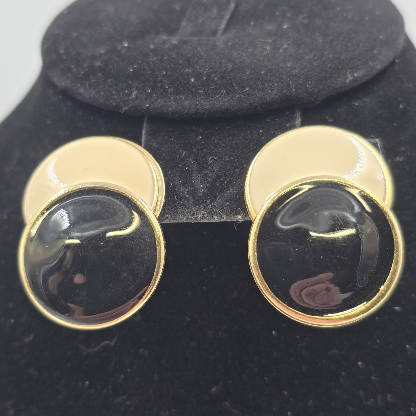 Clip On Women's Earrings Round Yellow Gold Black Onyx Ball Post Disc Stud 1.25"