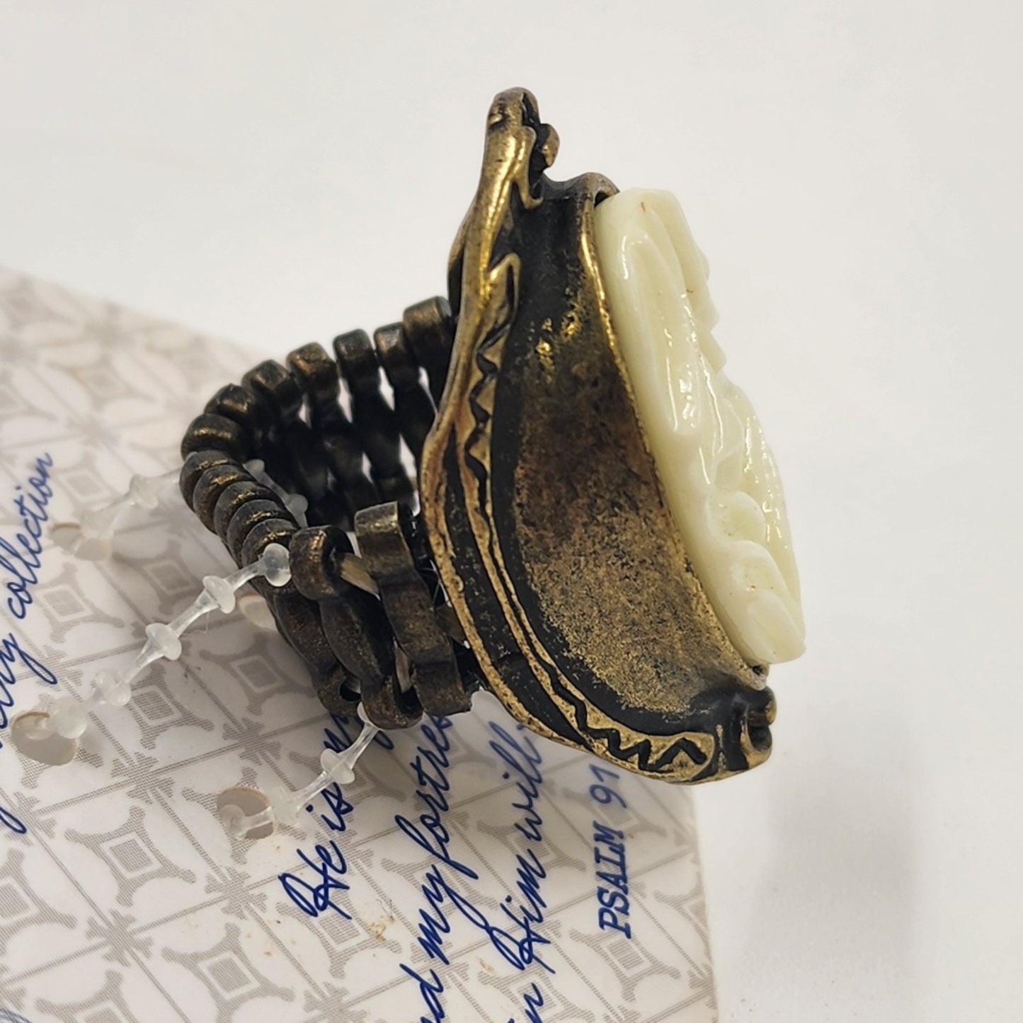 Redeemed Jewelry Ring Bronze Tone White Stone Elastic Band Psalm 91:1 & 91:2