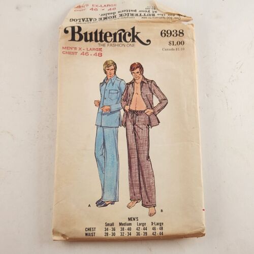 Butterick 6938 Vintage Sewing Pattern Mens Pajamas XL Chest 46-48