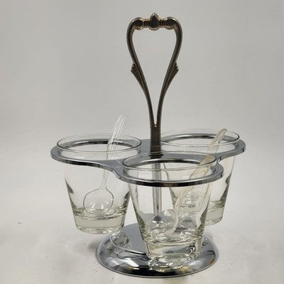 Kromex Condiment Carousel Caddy 3 Glass Ramekins & Spoons Rotating Chrome 11"h