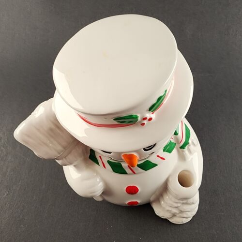 Russ Berrie Ceramic Snowman Coin Penny Bank White Red Rubber w Stopper Christmas
