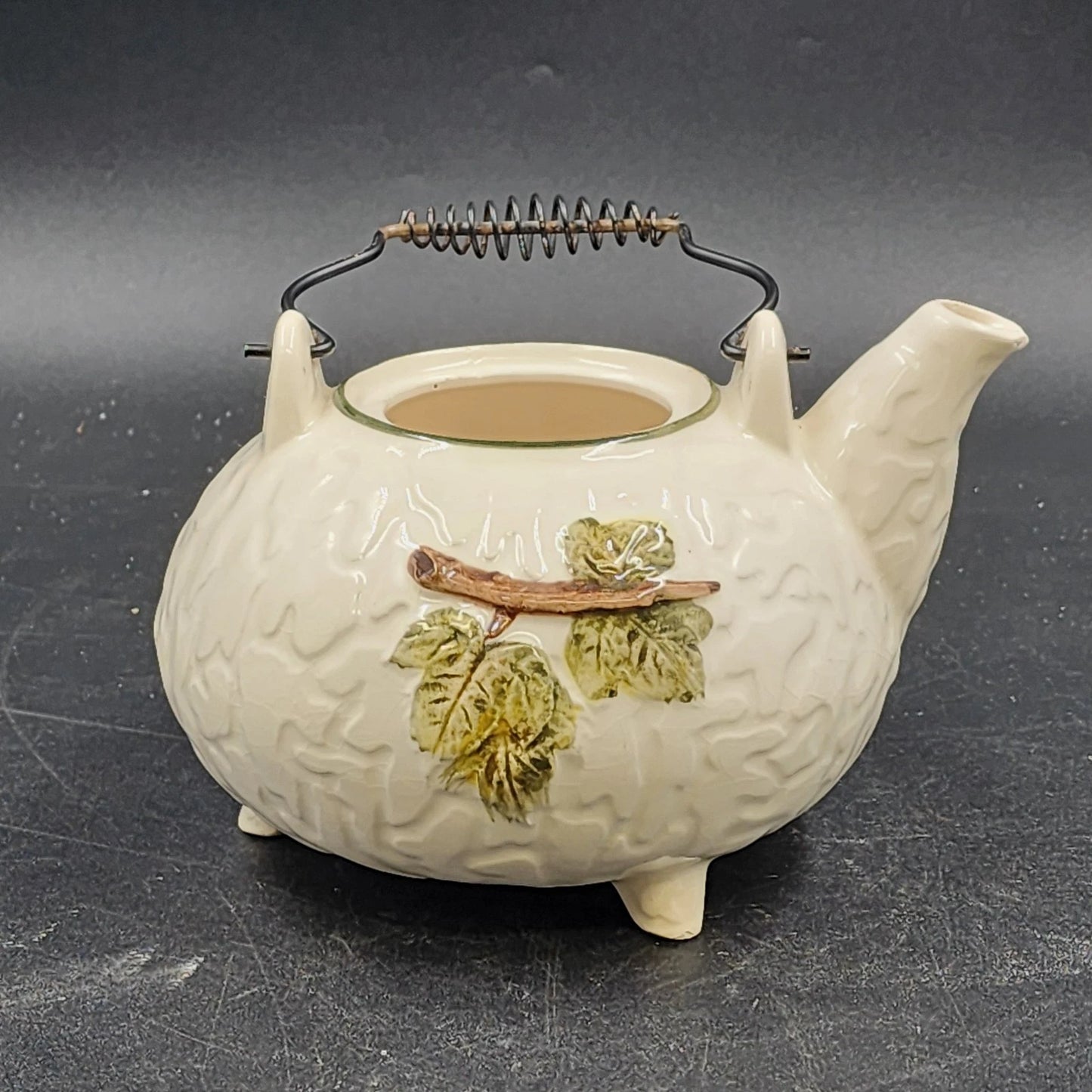 Embassy White Ceramic Teapot 36 Oz Footed with Grapevine Metal Handle 1963 Vtg