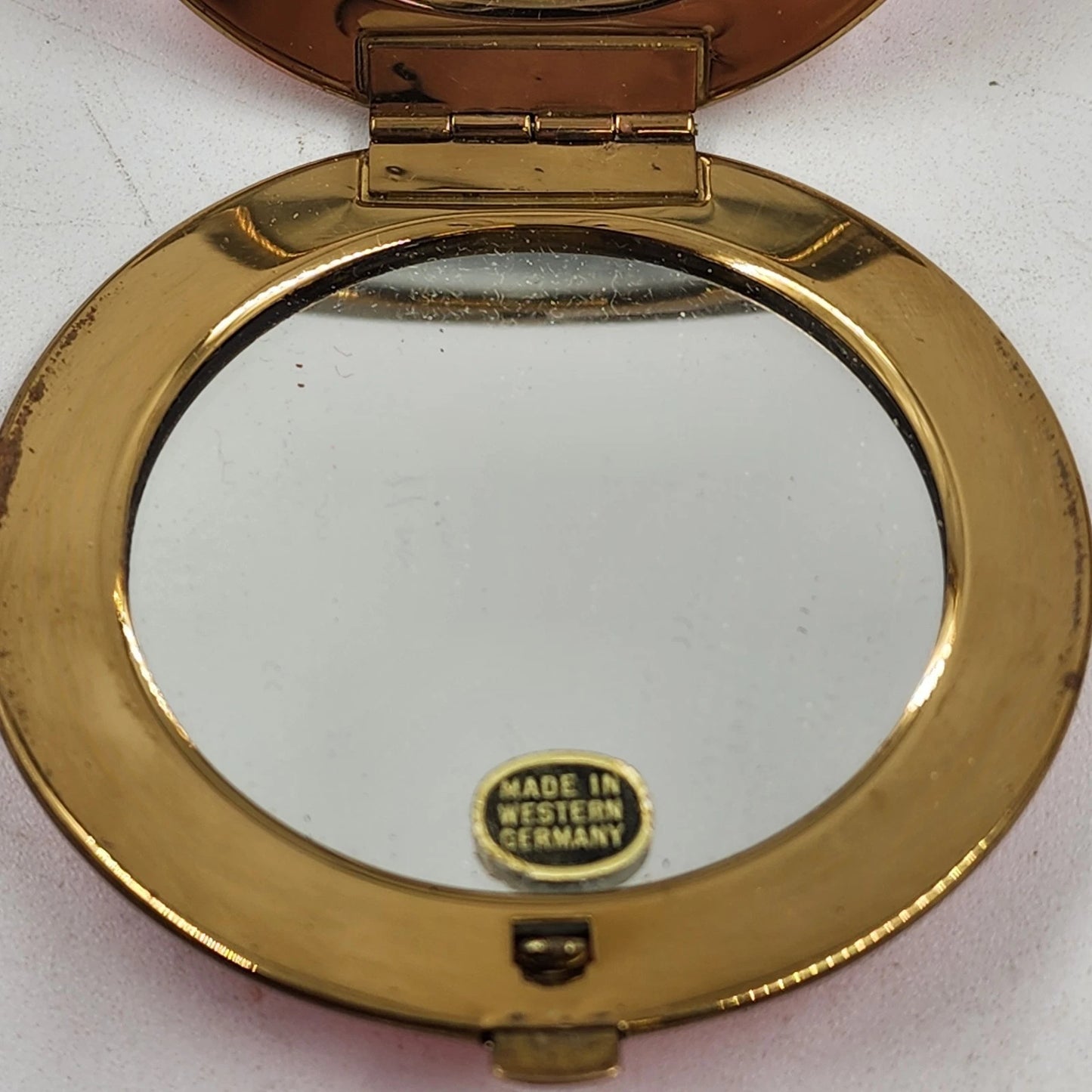 Guilloche Enamel Compact Hot Pink Red Mirror Brass Rim West Germany