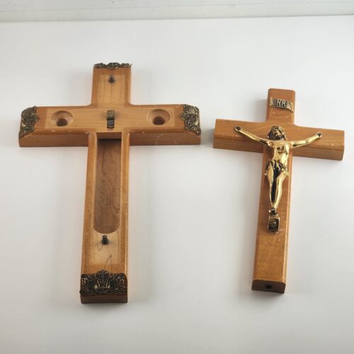 Vintage Crucifix Wooden Wall Hanging Candle Box Cross Catholic Religious Brass