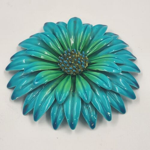 Blue Enamel Flower Brooch Vintage Metal Round Pin 3" Diameter