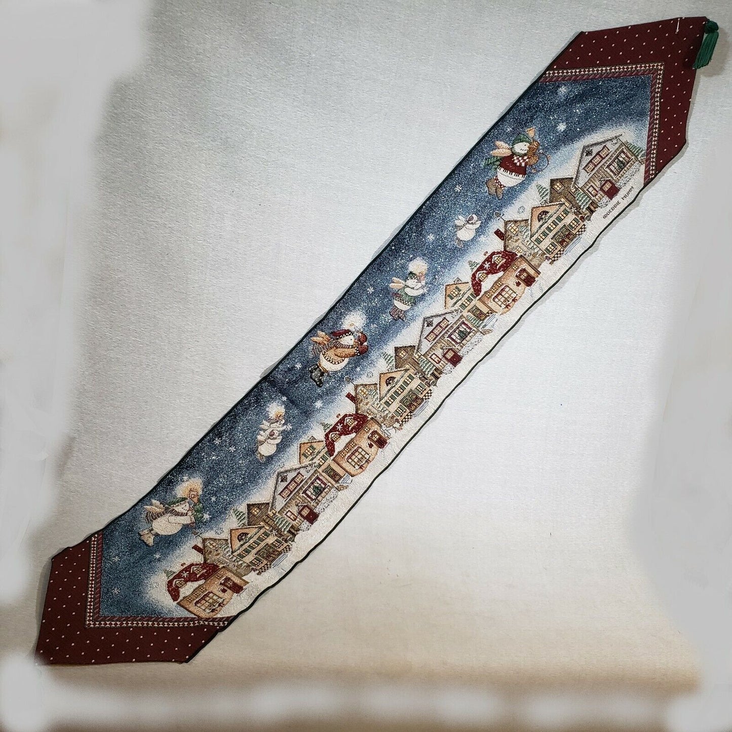 Debbie Mumm Snow Angel Christmas Table Runner Color Tapestry Green Tassels 71”