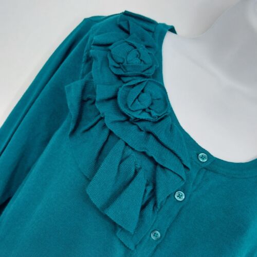 Elle Women's Turquoise XL Cardigan Ruffle Floral Button-Up Stretch Long Sleeve