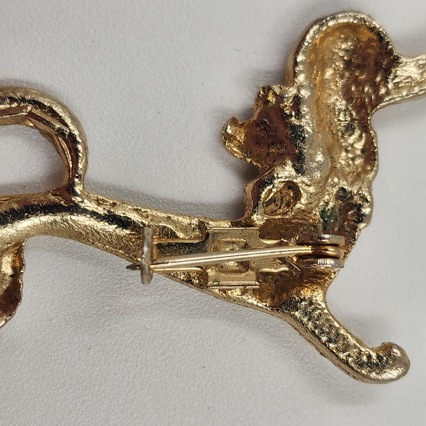 Dachshund Dog Gold Tone Brooch Badge Pin w/ Red Eyes Crystal Clear Rhinestone 2"
