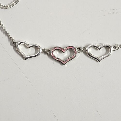 Three Heart Silver Tone Necklace 16" Pink Glitter Center Lobster Clasp Jewelry