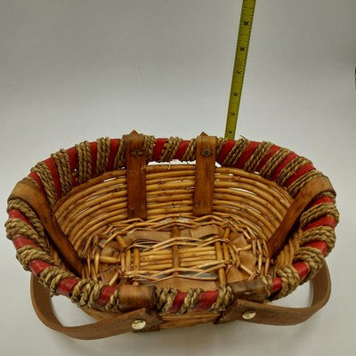 Wood Rattan Picnic Fruit Basket Swivel Handle Woven Red Rim 11x8.5"