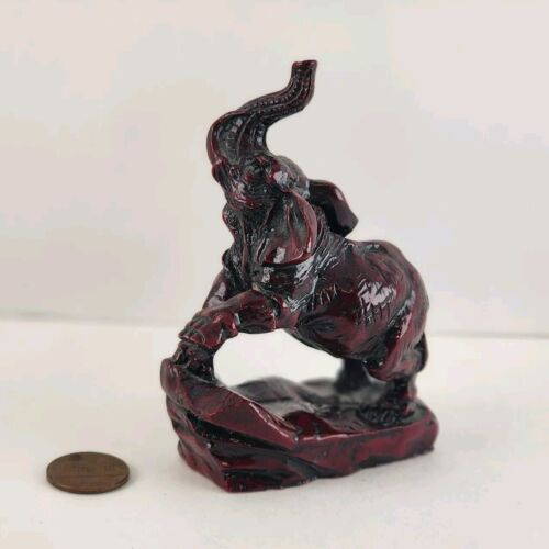 Red Lacquer Resin Elephant Chinese Lucky Figurine Trunk Up for Luck 2.75"x3.75"h