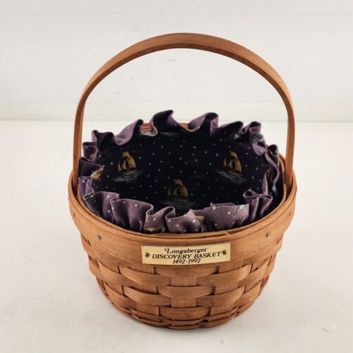 Longaberger 1991 Discovery Basket with Sailboat Fabric Liner and Fixed Handle