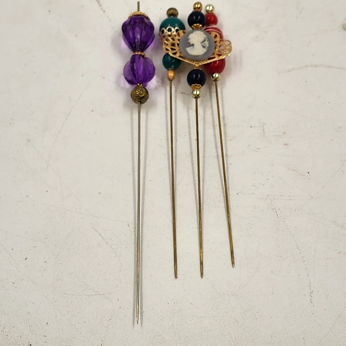 4 Cameo Hat Pins Black Purple Turquoise Red 4" Decorative Vintage Collectible