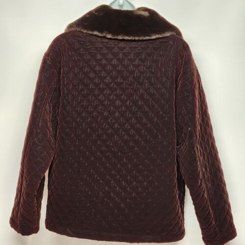 East West Quilted Women's Dark Red Velour Coat Black Faux Fur Collar Med Petite