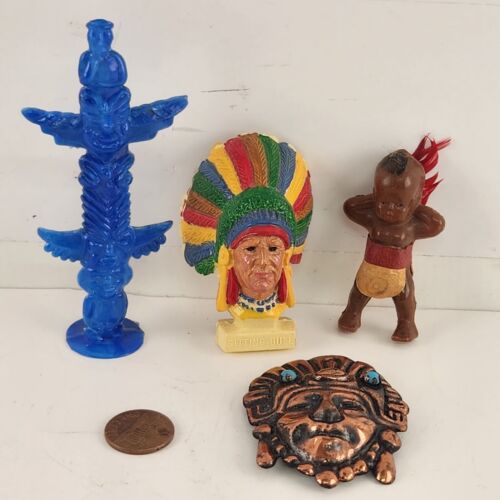 Lot 4 Native American Figure Doll Totem Baby Souvenir Sitting Bull Vintage 1960s