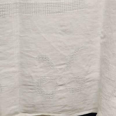 Off-White Tablecloth with Cutwork Drawn Thread Ribbon & Line Design 58" x 78"