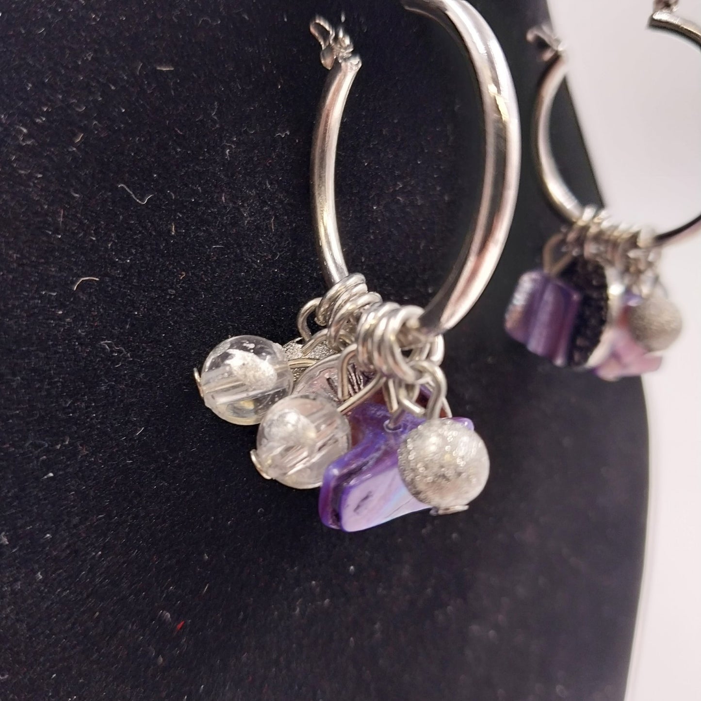 Catherines Silver Tone with Lilac Clear White Drop Dangle Beads Earrings 1"