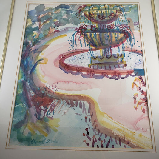 Original Carol Blades Watercolor Painting Water Fountain Lancaster OH Framed