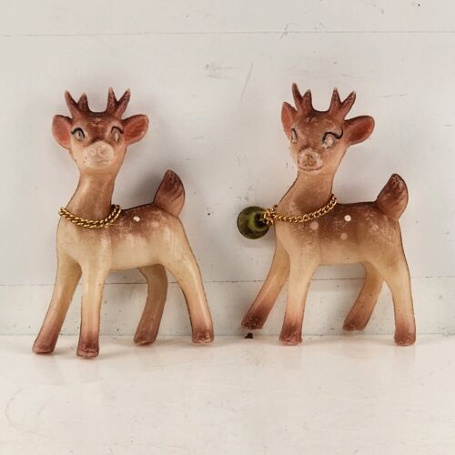 2 Plastic Hollow Reindeer Vintage Figurines Bells Chains Hong Kong 3.5"h