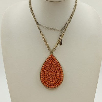 Plunder Gold Tone Chain w Orange Round Bead in Teardrop Shaped Pendant Necklace