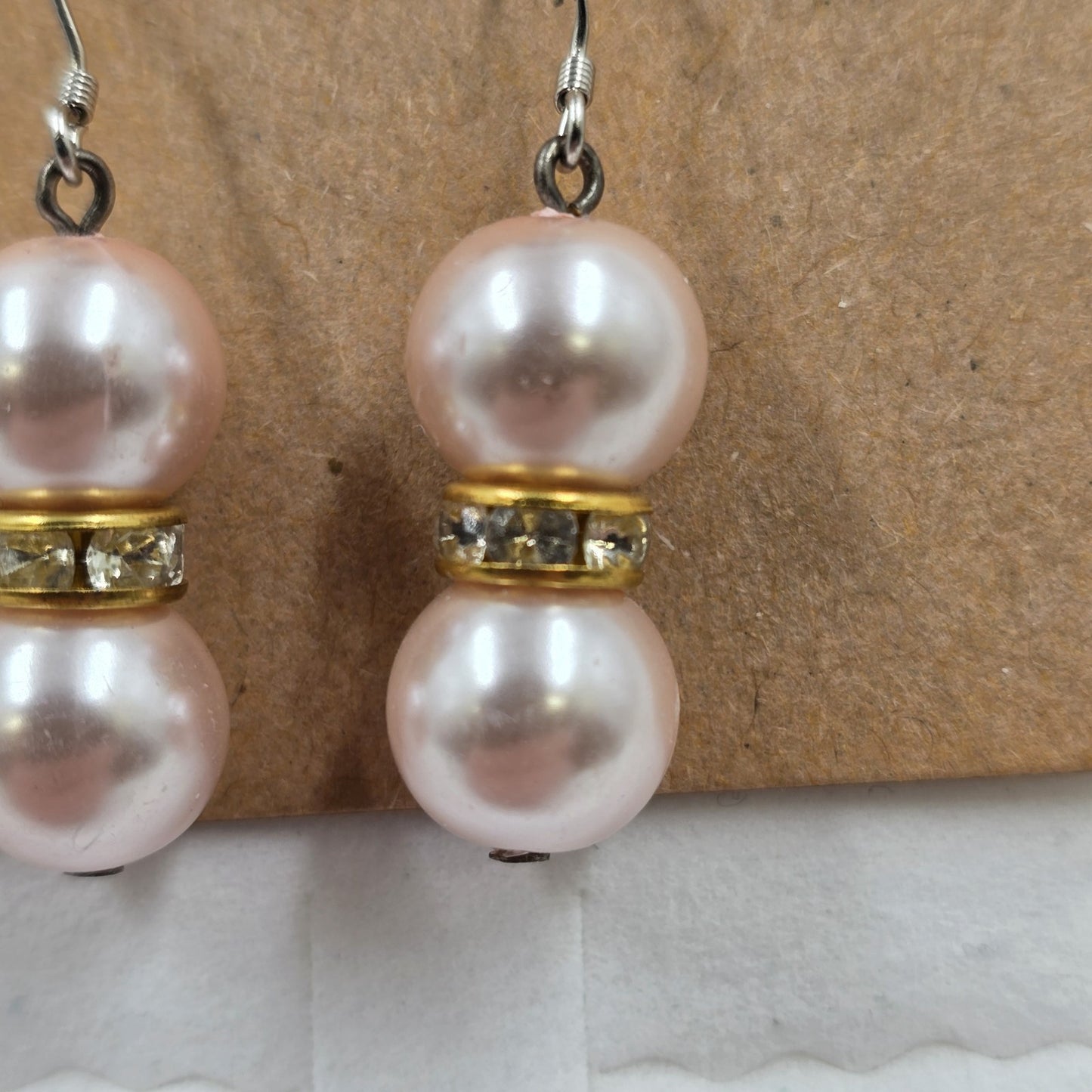 2 Earrings Pale Pink Faux Pearl with Rhinestone & Silver Tone Ball Drop Dangle