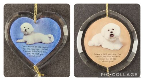 Danbury Mint Bichon Frise Glass Ornaments CHOOSE ME & BEST FRIENDS 2½" tall