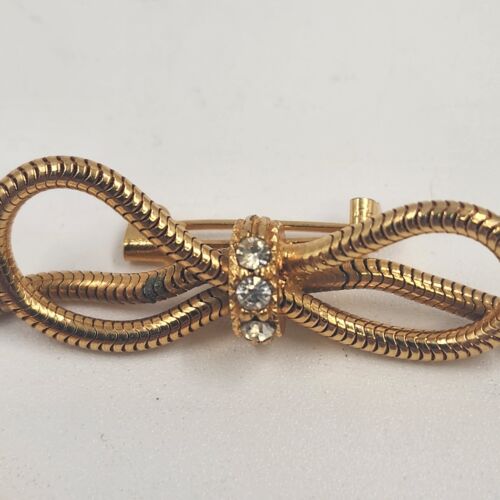 Gold Tone Mesh Rope Bow Brooch with Rhinestones & Tassels 1.5" Wide Vintage