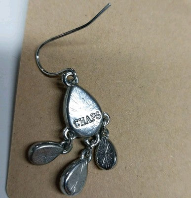 CHAPS Silver Tone Cat Earrings Tiger's Eye White Black Stone Dangle Hook