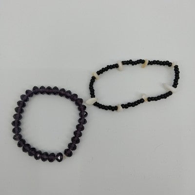 Set of 2 Stretch Bracelets Black Faceted & Black White Faux Pearl Acrylic Beads