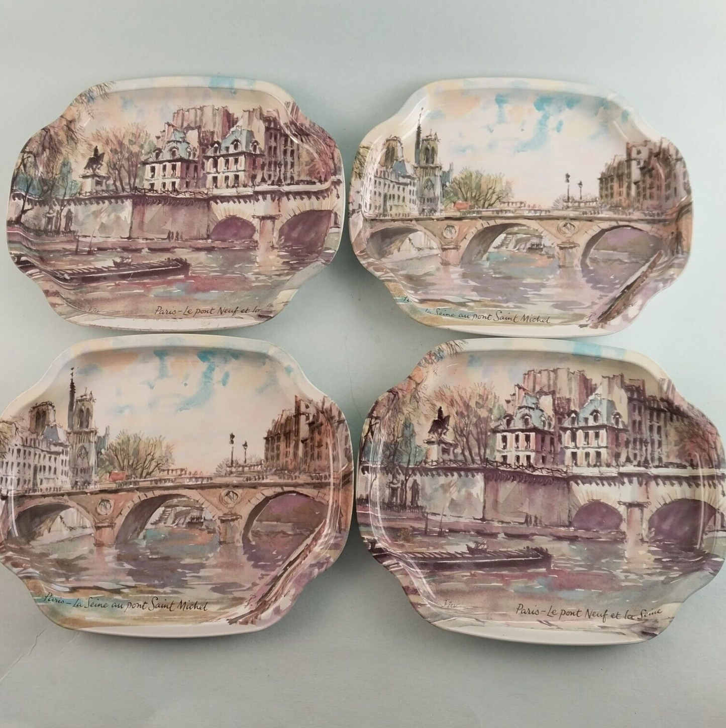 Lot of 4 Metal Vintage Paris Folk Art Elite Tea Sandwich Trinket Serving Trays