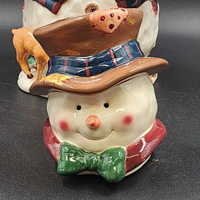 Ceramic Snowman Cookie Jar 13" w/ Birdhouse, Deer, Squirrel, Hat & Bowtie