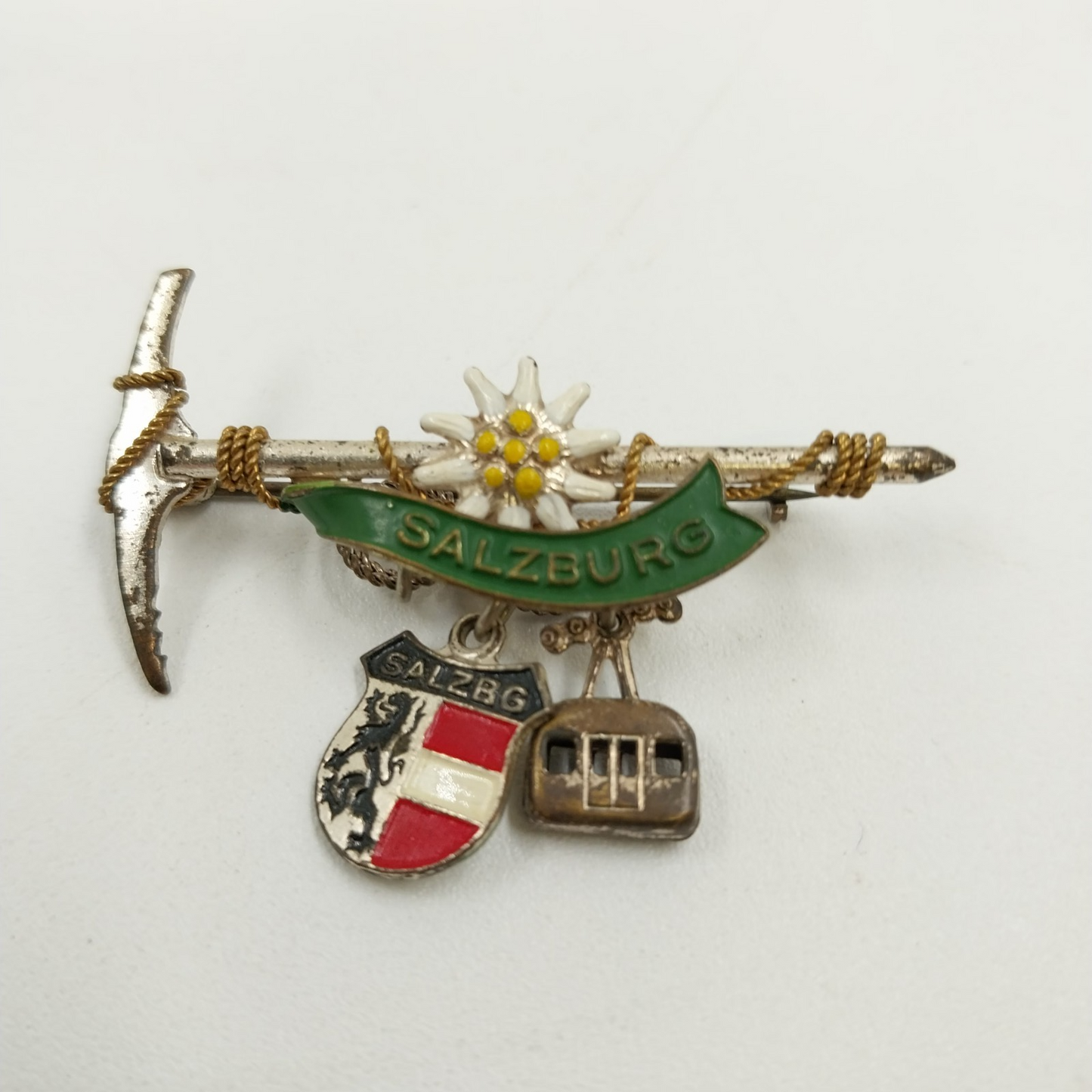 Salzburg Austria Brooch Pin Badge Featuring Ice Axe Edelweiss Flower w 3 Charms