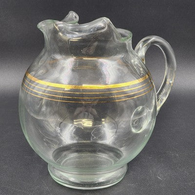 Round Bubble Shape Clear Glass Pitcher with 3 Gold Stripes & Ice Lip 8.5” 1950's