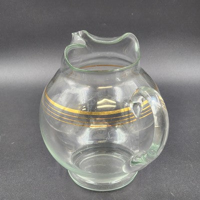 Round Bubble Shape Clear Glass Pitcher with 3 Gold Stripes & Ice Lip 8.5” 1950's
