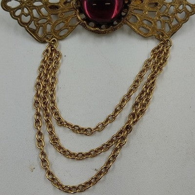 Gold Tone Filagree Metal Work & Cabochon Stone with Dangling Multi Chains Brooch